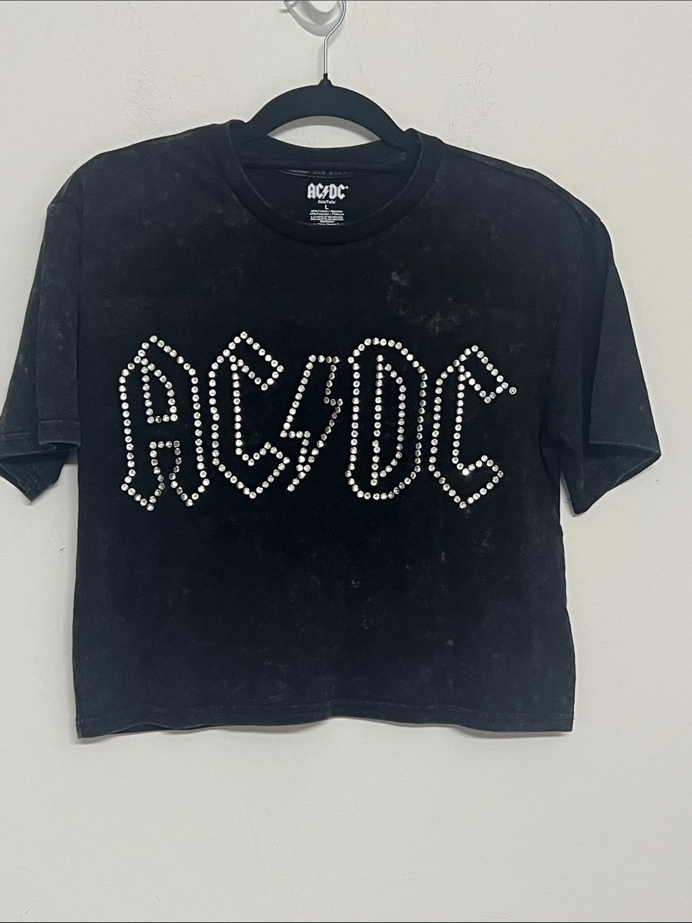 🌞 AC/DC Black Tee w/bling Silver Rhinestone  Logo Design women size L